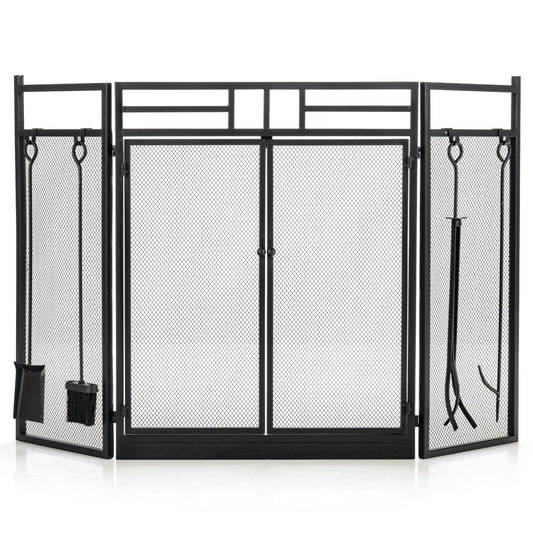3-Panel Folding Wrought Iron Fireplace Screen with Doors and 4 Pieces Tools Set, Black - Gallery Canada