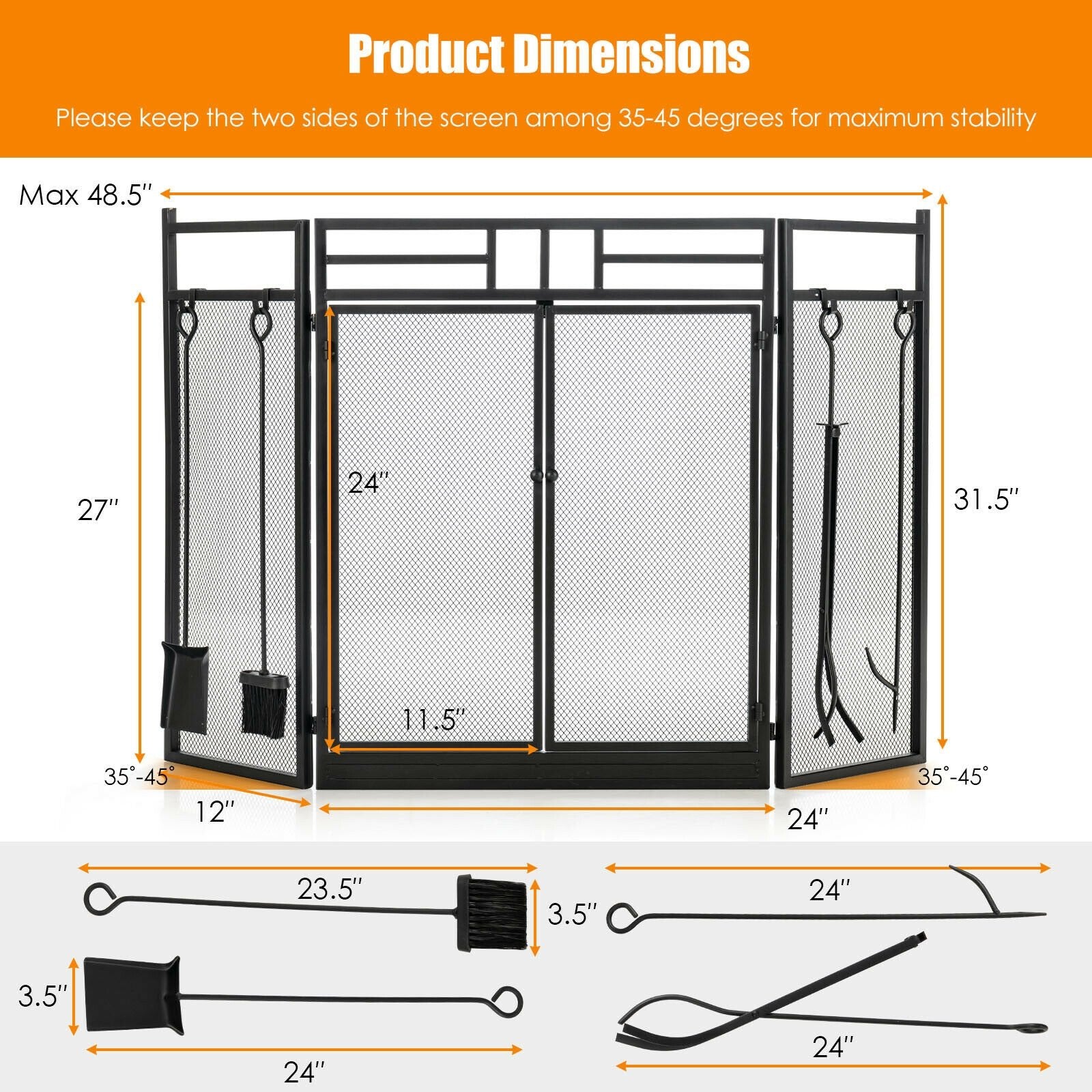 3-Panel Folding Wrought Iron Fireplace Screen with Doors and 4 Pieces Tools Set, Black Fireplace Tools   at Gallery Canada