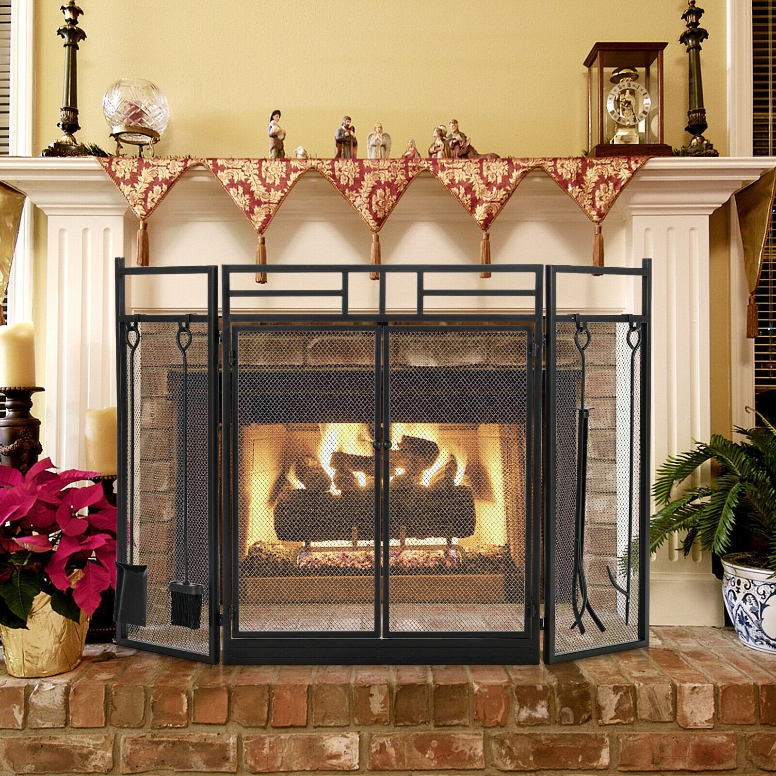 3-Panel Folding Wrought Iron Fireplace Screen with Doors and 4 Pieces Tools Set, Black Fireplace Tools   at Gallery Canada