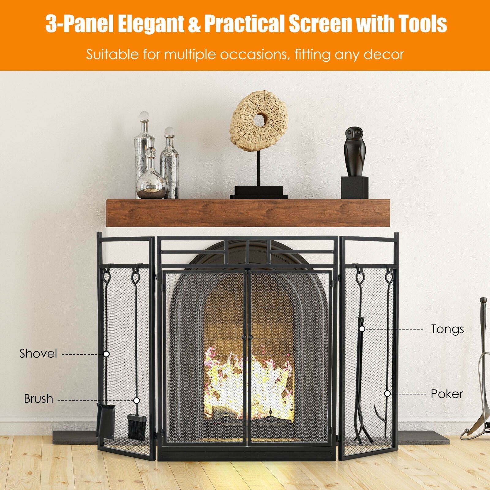 3-Panel Folding Wrought Iron Fireplace Screen with Doors and 4 Pieces Tools Set, Black Fireplace Tools   at Gallery Canada