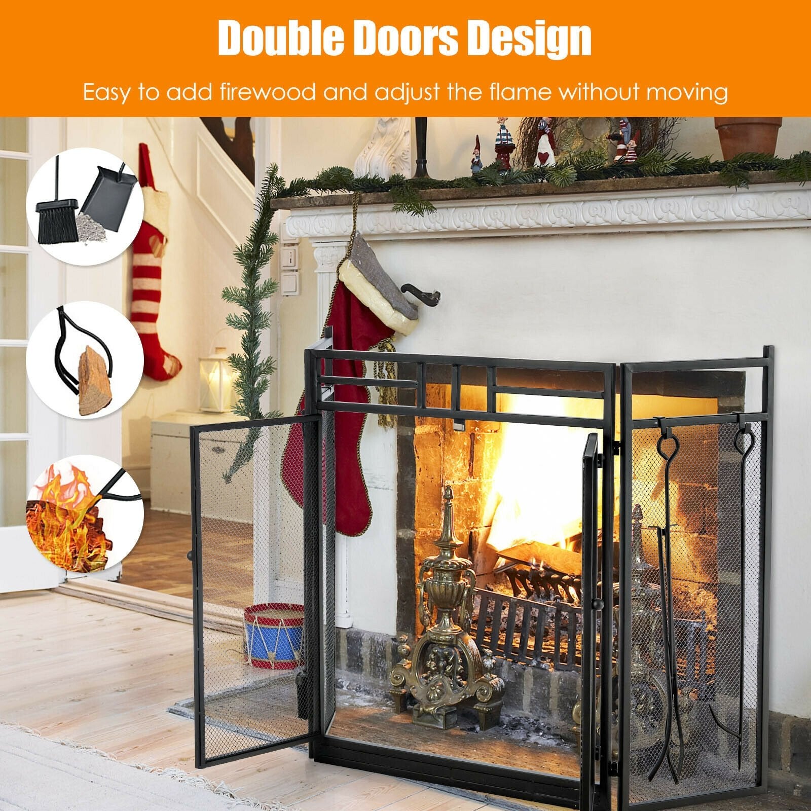 3-Panel Folding Wrought Iron Fireplace Screen with Doors and 4 Pieces Tools Set, Black Fireplace Tools   at Gallery Canada