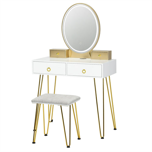 Vanity Table Set with 3-Color Lighted Dimmable Mirror, White