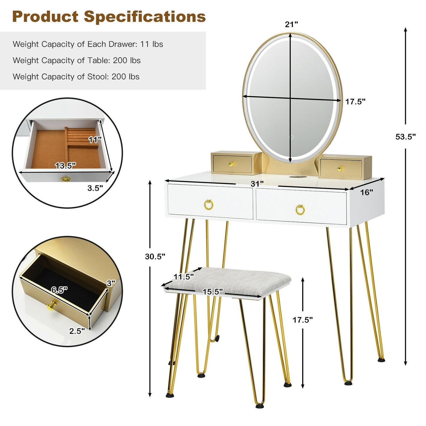 Vanity Table Set with 3-Color Lighted Dimmable Mirror, White Makeup Vanities   at Gallery Canada