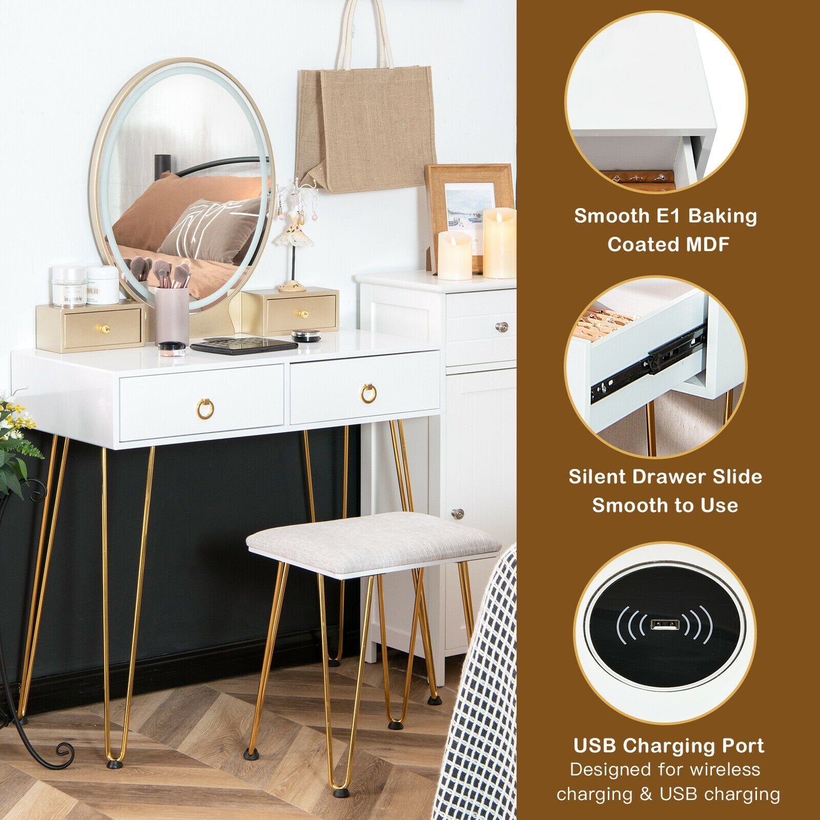 Vanity Table Set with 3-Color Lighted Dimmable Mirror, White Makeup Vanities   at Gallery Canada