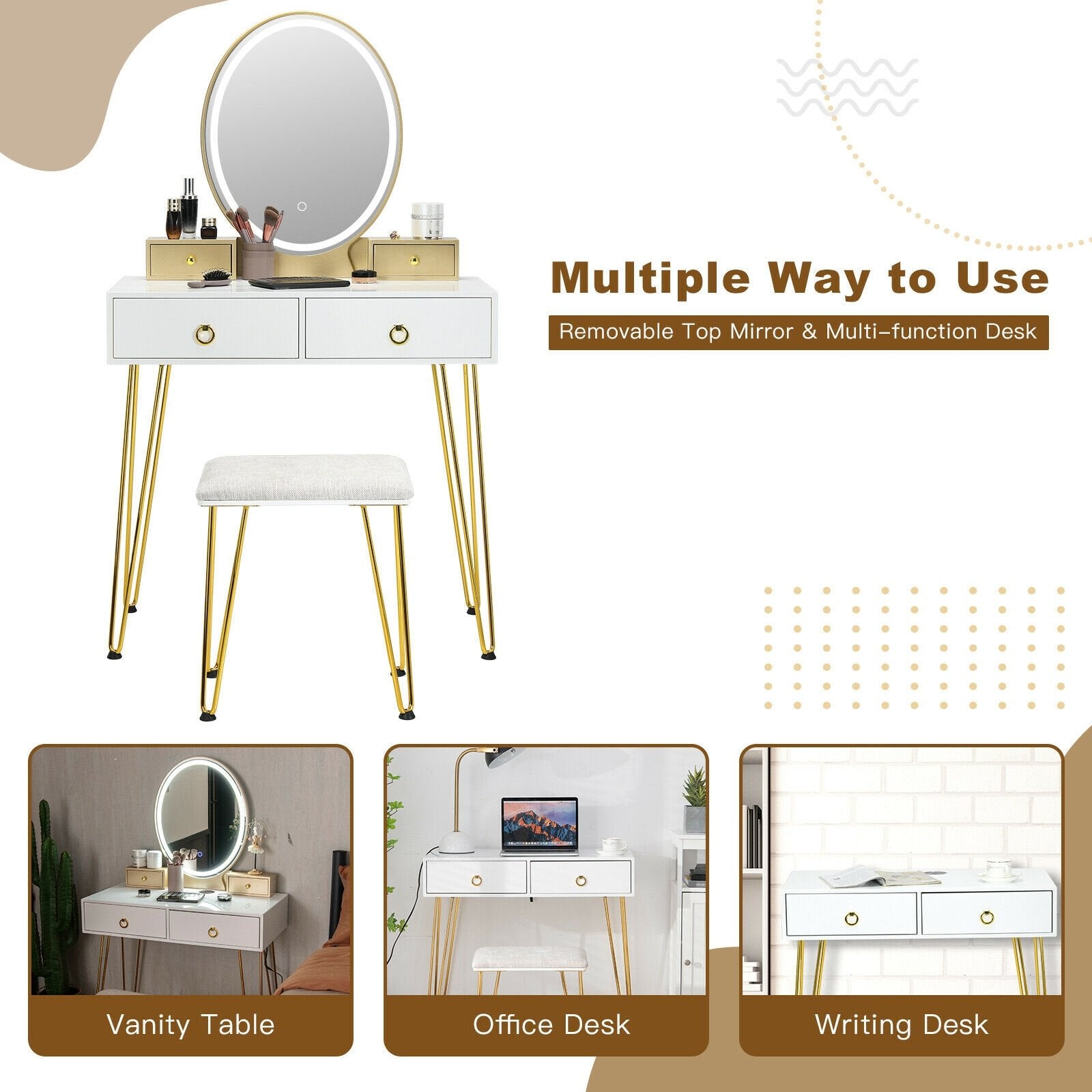 Vanity Table Set with 3-Color Lighted Dimmable Mirror, White Makeup Vanities   at Gallery Canada