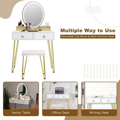 Vanity Table Set with 3-Color Lighted Dimmable Mirror, White - Gallery Canada