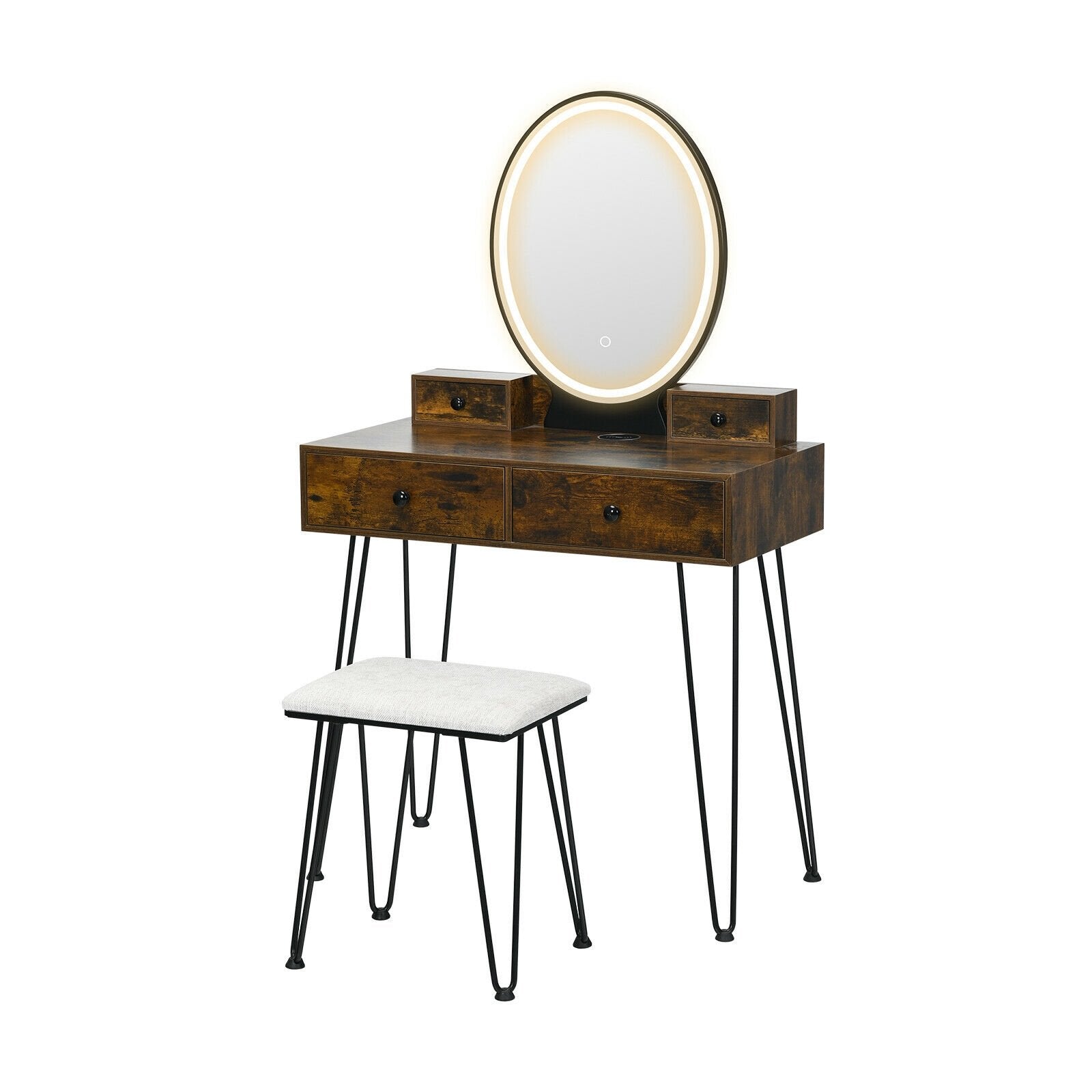 Vanity Table Set with 3-Color Lighted Dimmable Mirror, Brown Makeup Vanities   at Gallery Canada