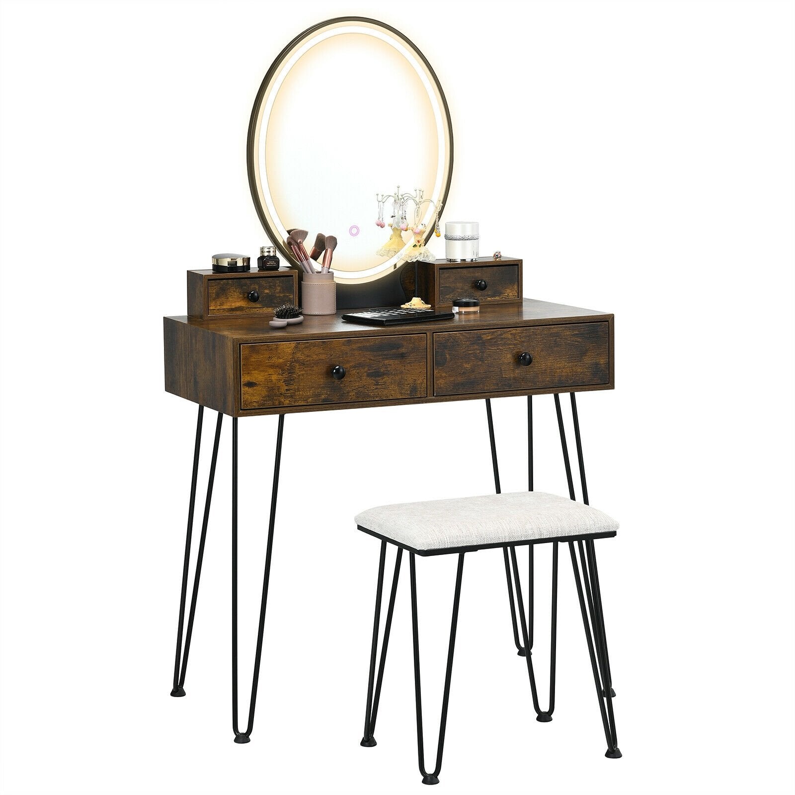 Vanity Table Set with 3-Color Lighted Dimmable Mirror, Brown Makeup Vanities   at Gallery Canada