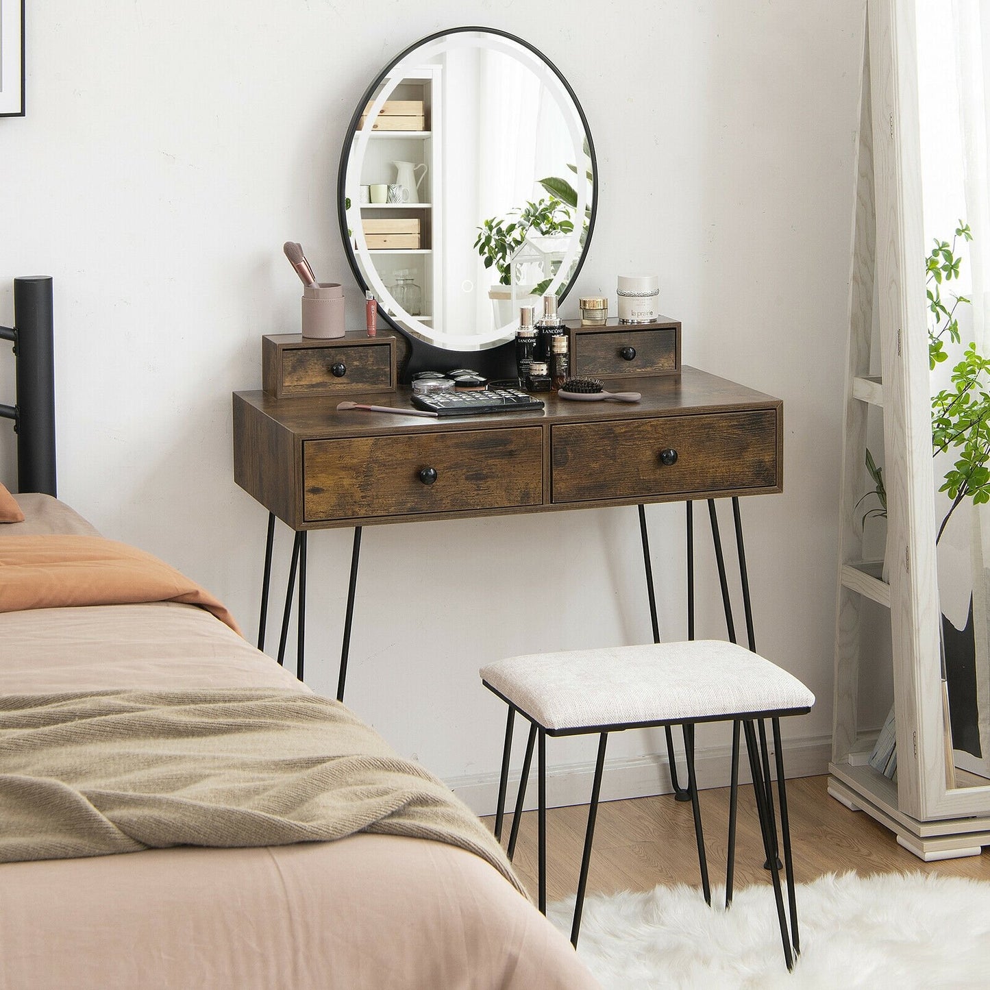 Vanity Table Set with 3-Color Lighted Dimmable Mirror, Brown Makeup Vanities   at Gallery Canada