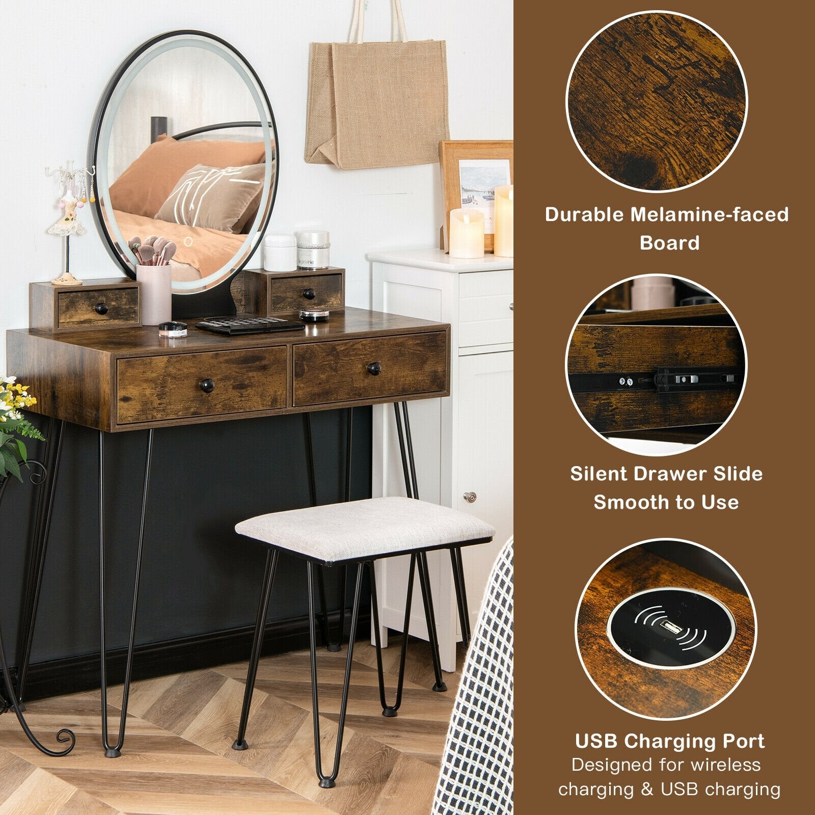 Vanity Table Set with 3-Color Lighted Dimmable Mirror, Brown Makeup Vanities   at Gallery Canada