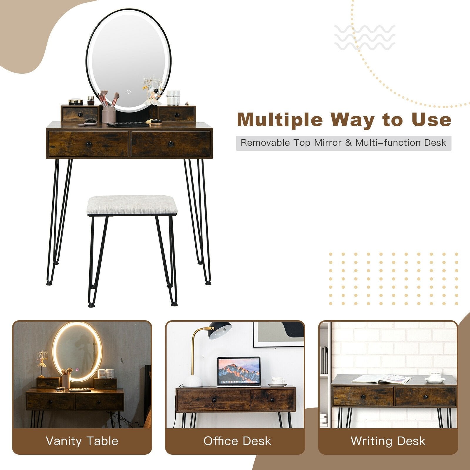 Vanity Table Set with 3-Color Lighted Dimmable Mirror, Brown Makeup Vanities   at Gallery Canada