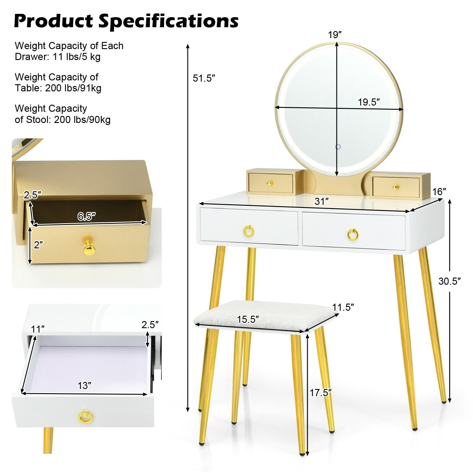 Vanity Table Set with Mirror, White Makeup Vanities   at Gallery Canada