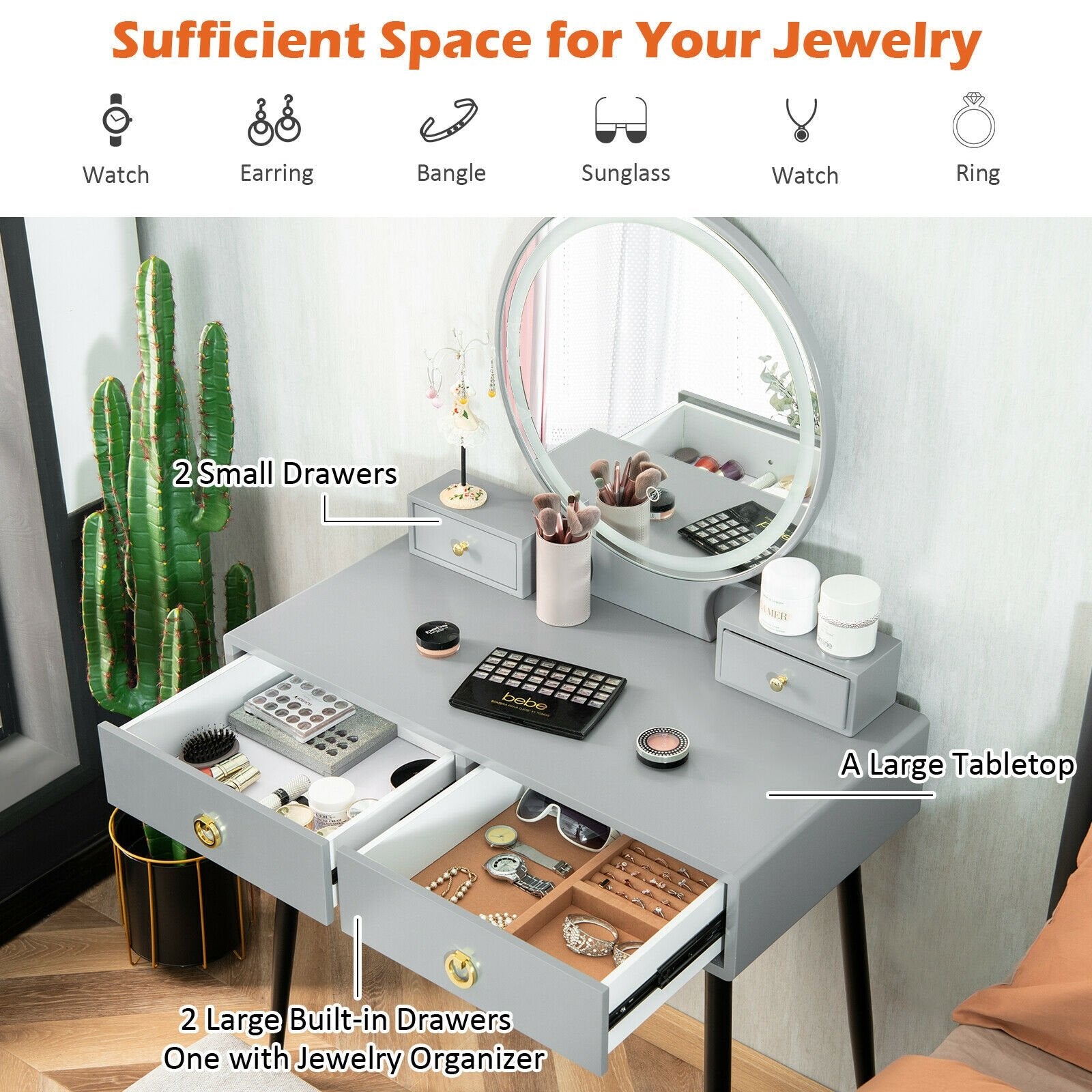 Vanity Table Set with Mirror, Gray Makeup Vanities   at Gallery Canada