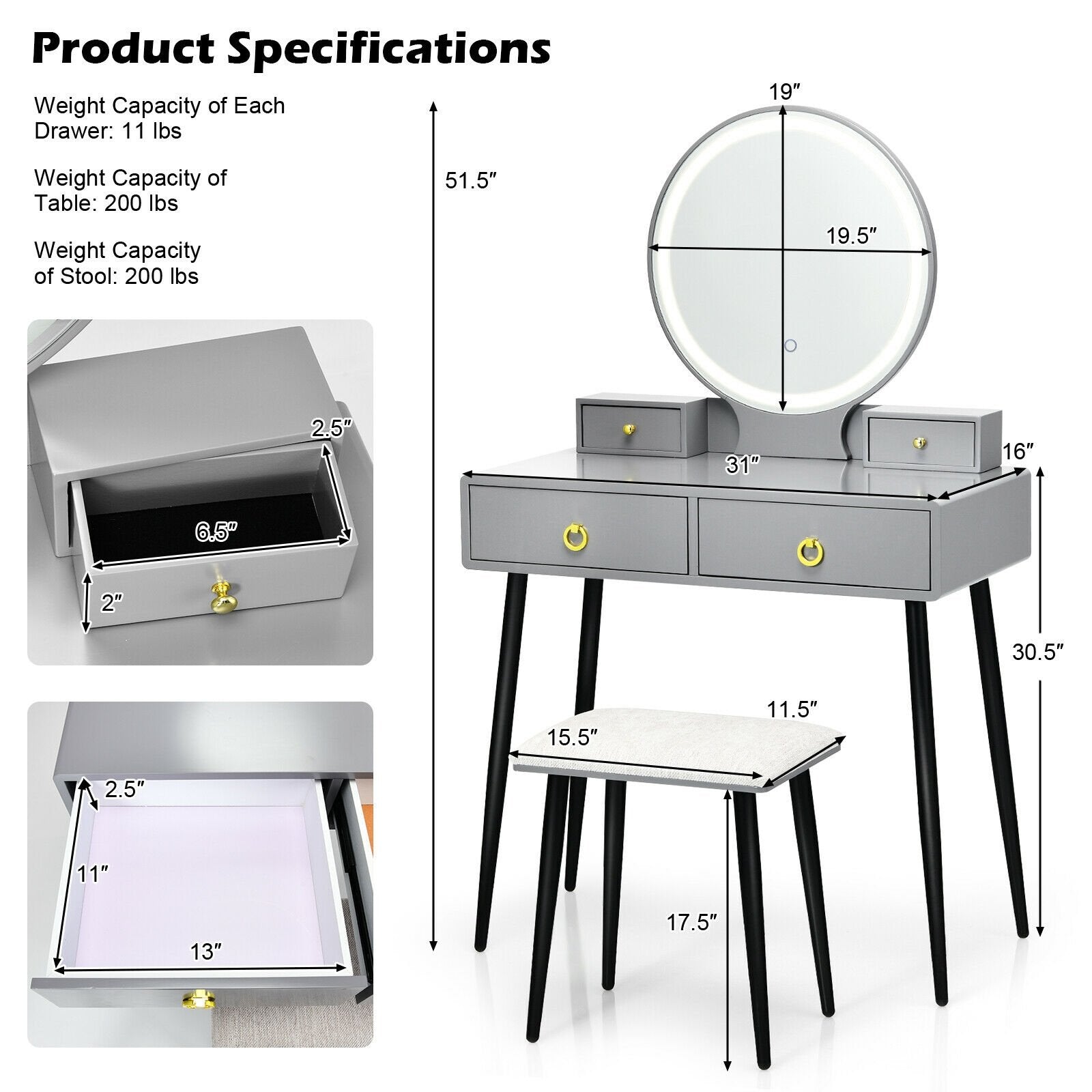 Vanity Table Set with Mirror, Gray Makeup Vanities   at Gallery Canada