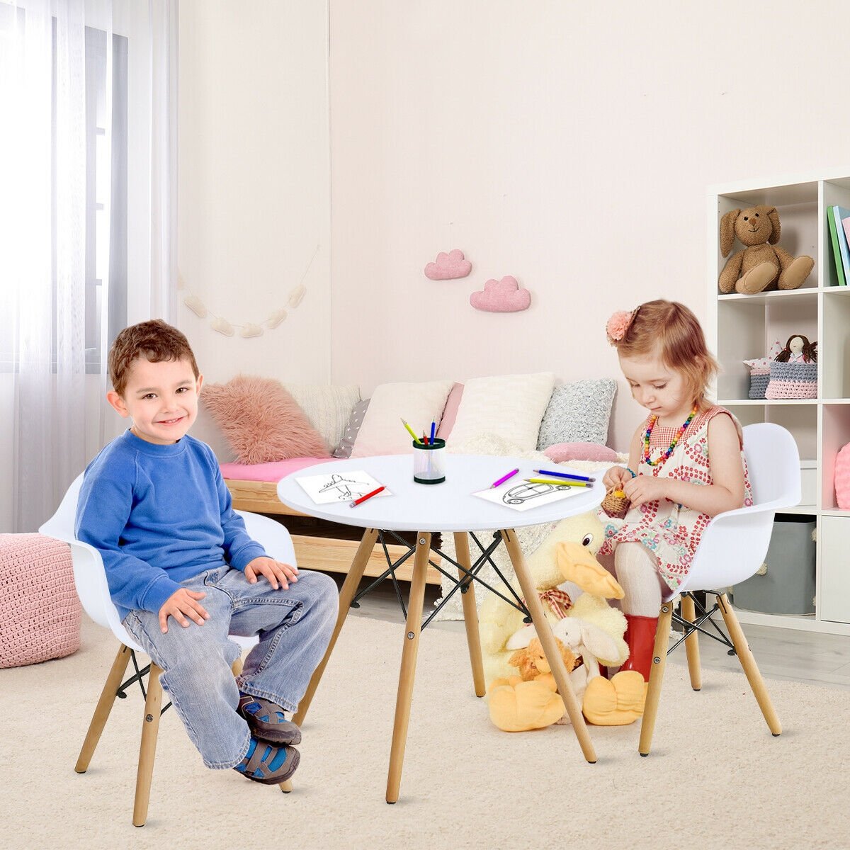 3 Pieces Kid's Modern Round Table Chair Set, White Kids Table & Chair Sets   at Gallery Canada