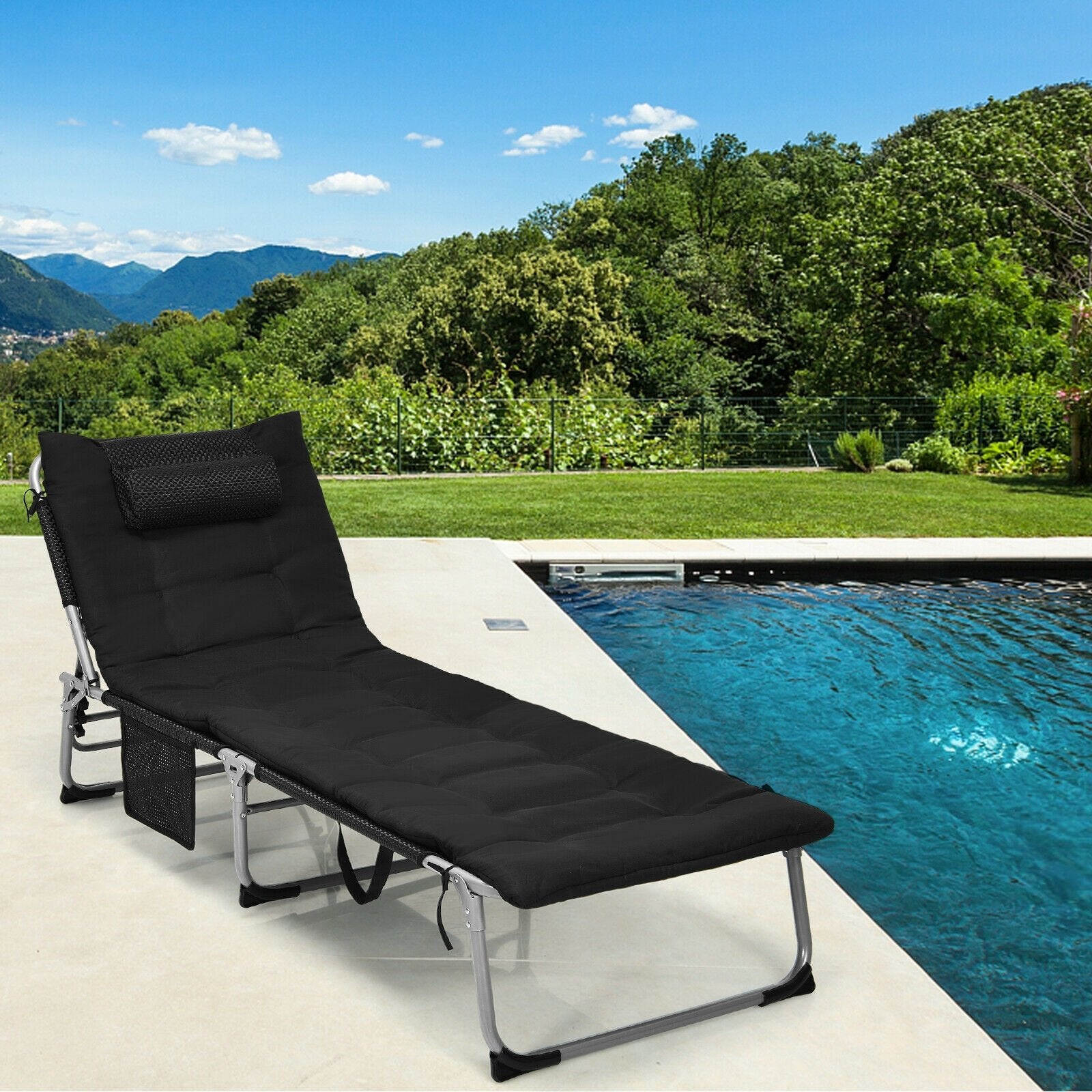 4-Fold Oversize Padded Folding Lounge Chair with Removable Soft Mattress, Black Outdoor Chaise Lounges   at Gallery Canada