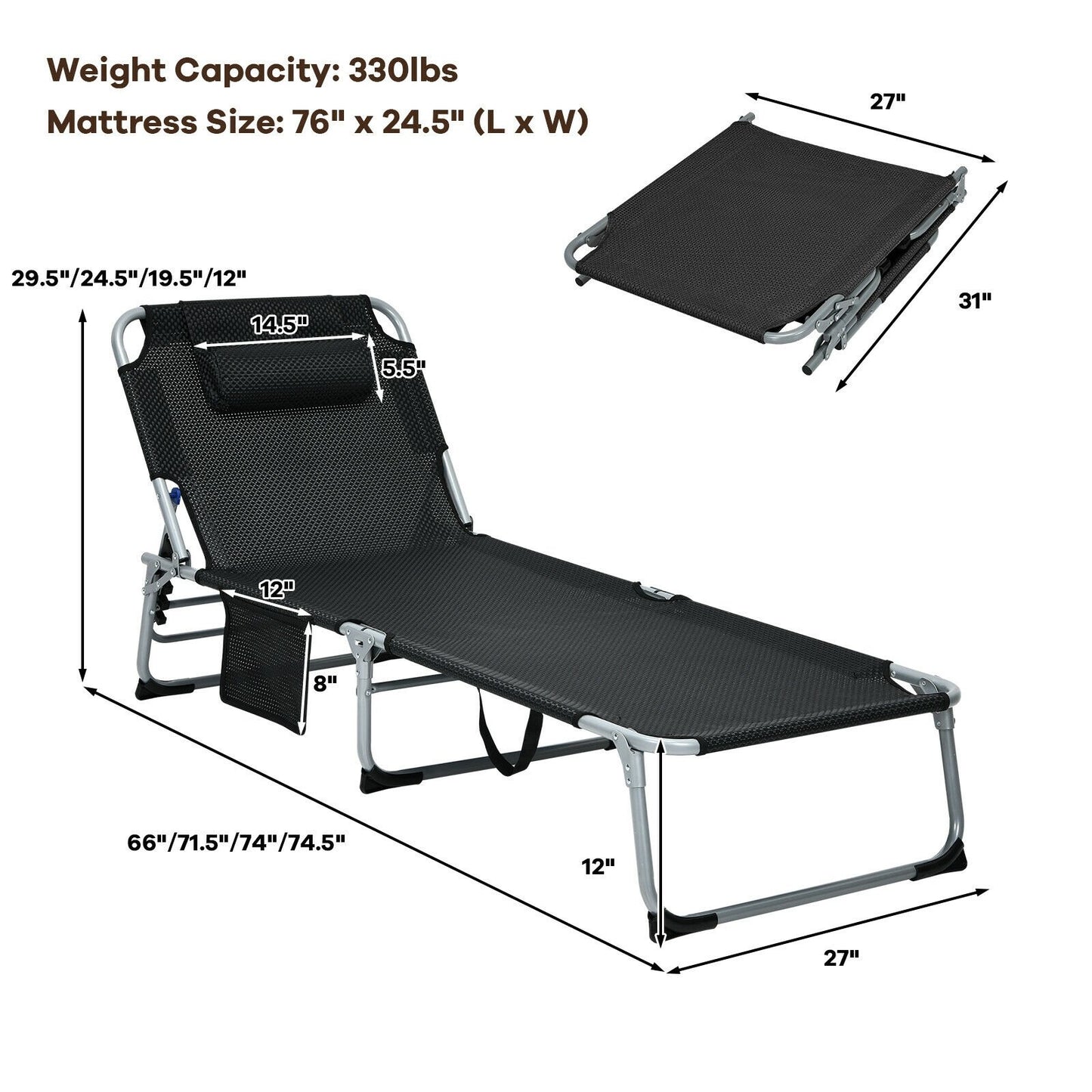 4-Fold Oversize Padded Folding Lounge Chair with Removable Soft Mattress, Black Outdoor Chaise Lounges   at Gallery Canada