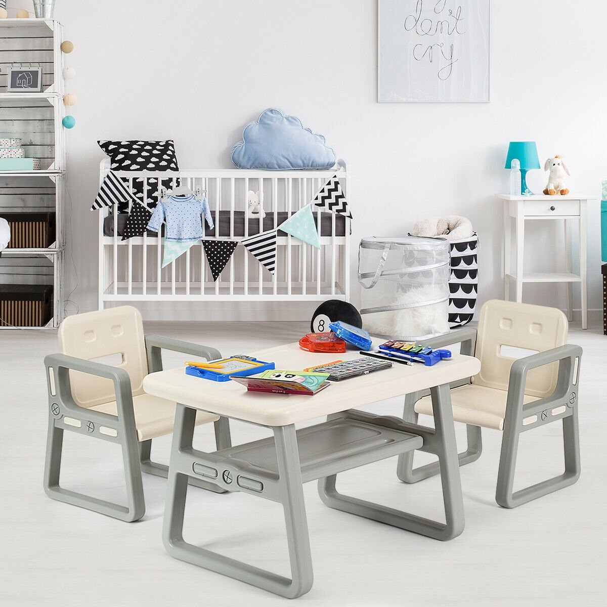 Kids Table and 2 Chairs Set with Storage Shelf, White Kids Chairs & Seating   at Gallery Canada