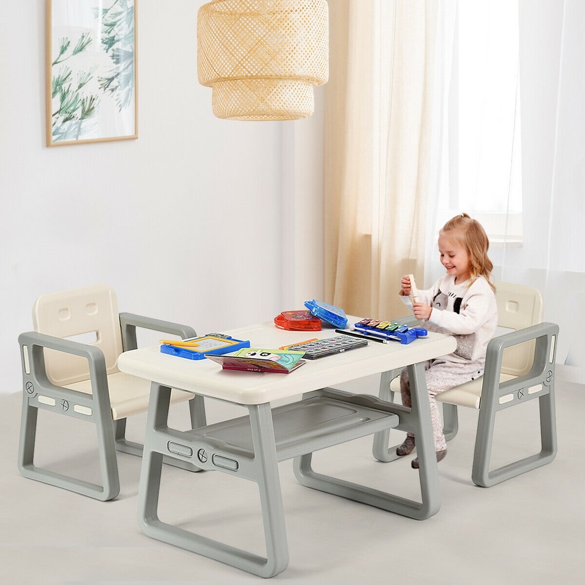 Kids Table and 2 Chairs Set with Storage Shelf, White Kids Chairs & Seating   at Gallery Canada