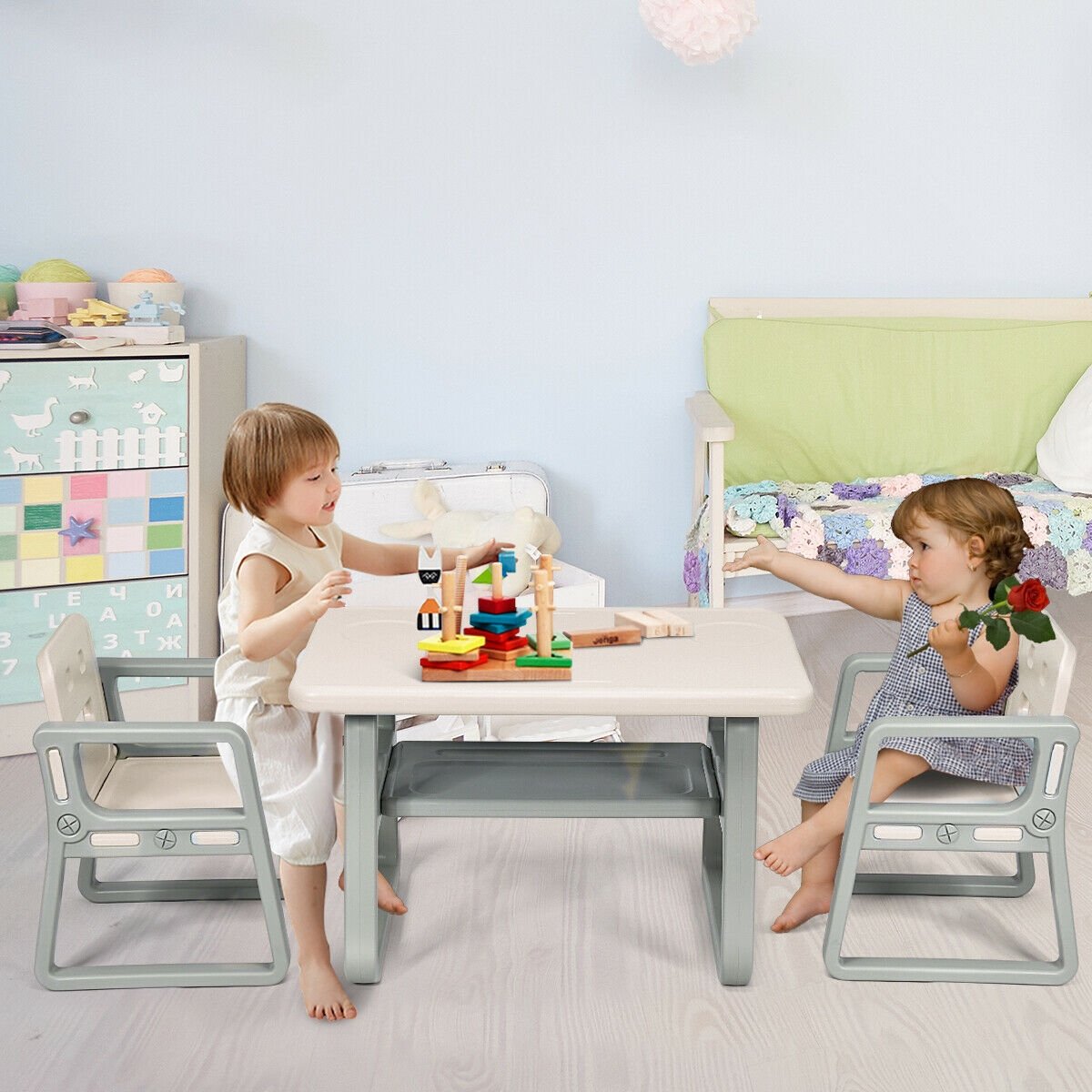 Kids Table and 2 Chairs Set with Storage Shelf, White - Gallery Canada