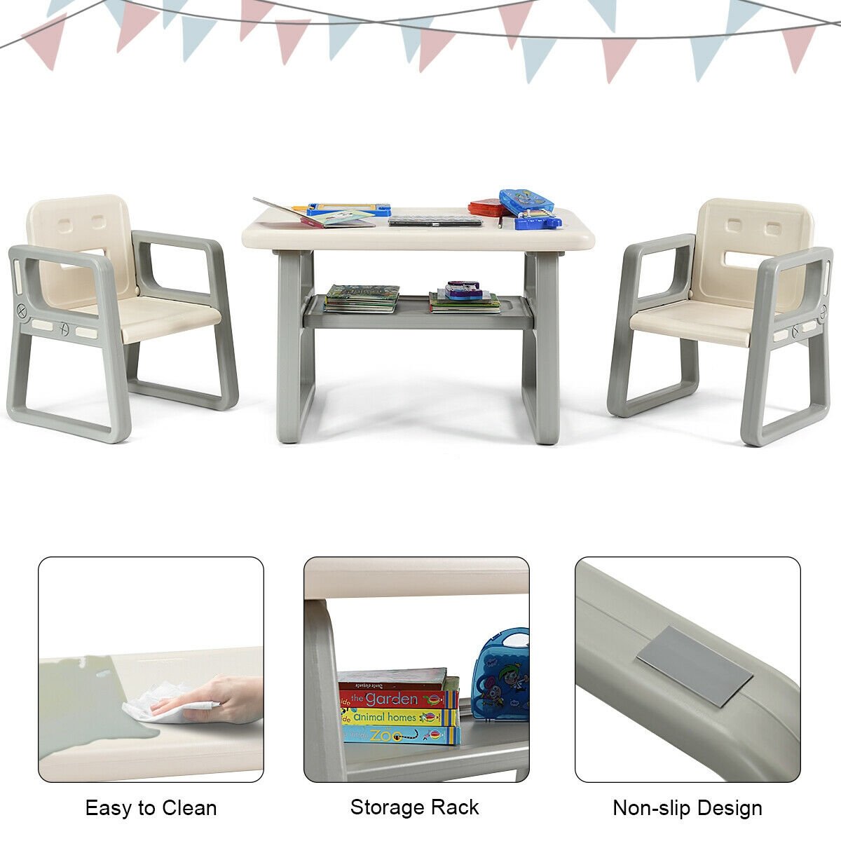 Kids Table and 2 Chairs Set with Storage Shelf, White Kids Chairs & Seating   at Gallery Canada