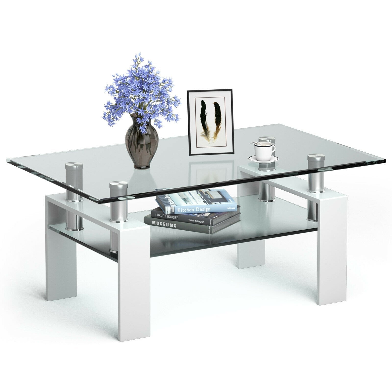 Rectangle Glass Coffee Table with Metal Legs for Living Room, White Coffee Tables   at Gallery Canada