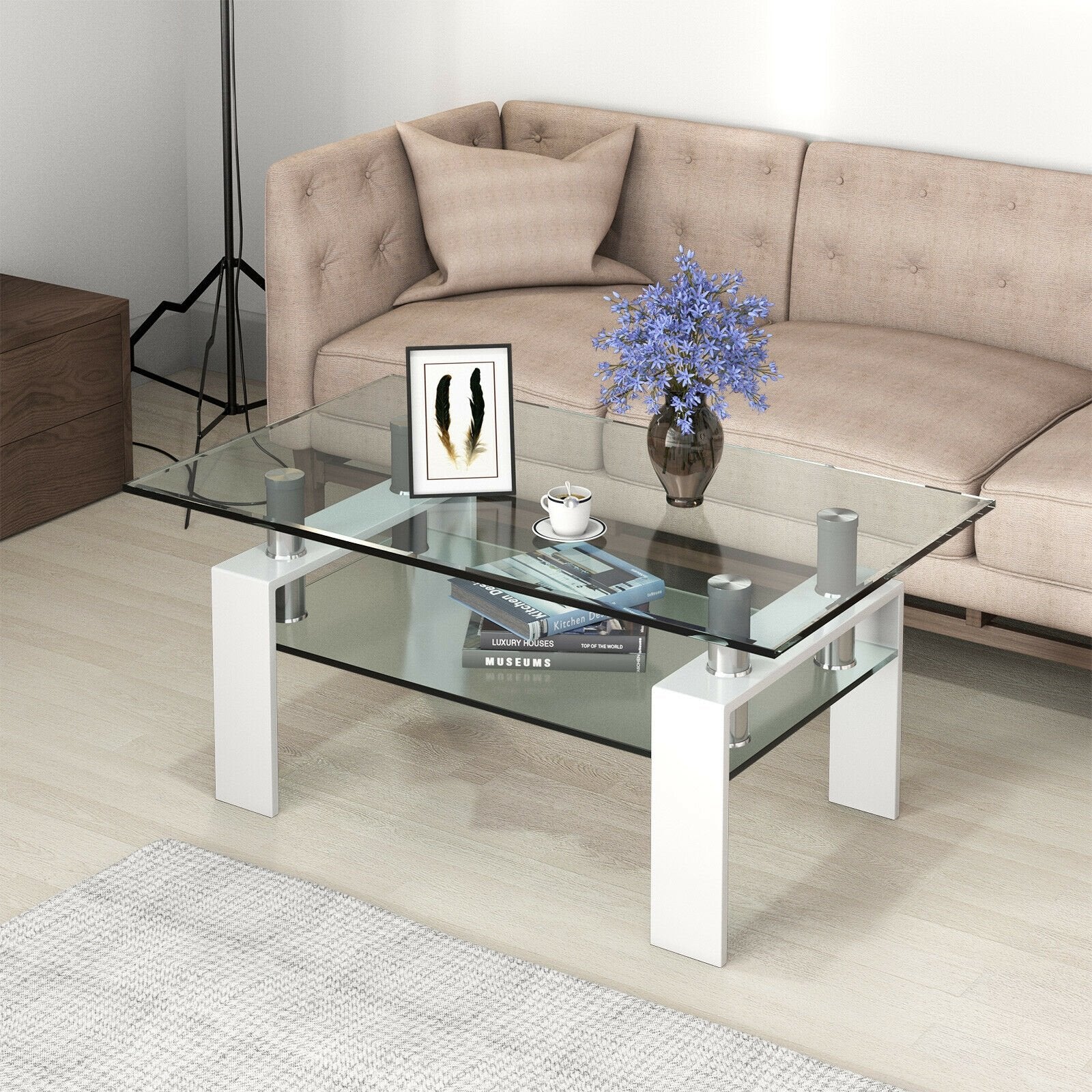 Rectangle Glass Coffee Table with Metal Legs for Living Room, White Coffee Tables   at Gallery Canada