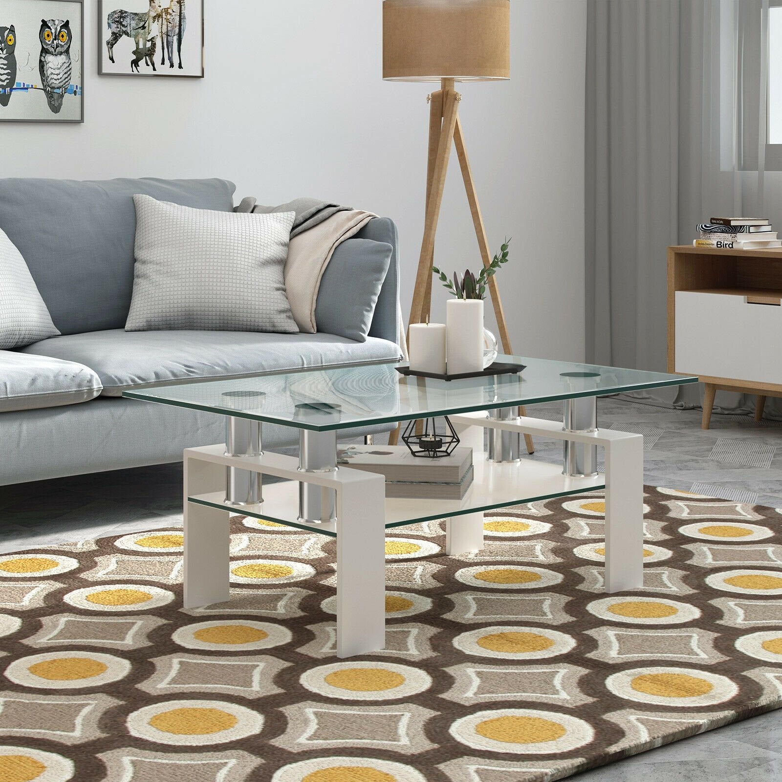 Rectangle Glass Coffee Table with Metal Legs for Living Room, White Coffee Tables   at Gallery Canada