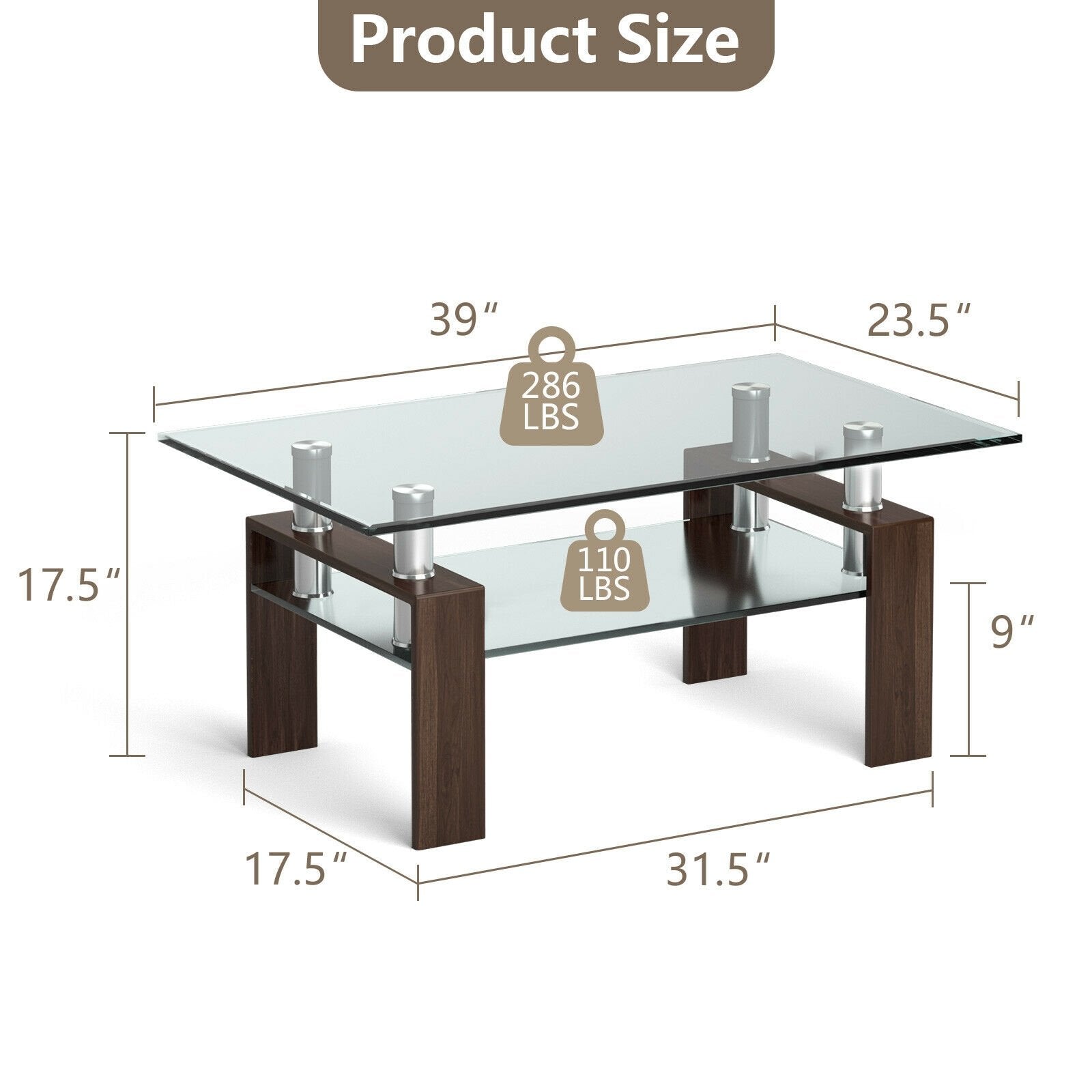 Rectangle Glass Coffee Table with Metal Legs for Living Room, Brown - Gallery Canada