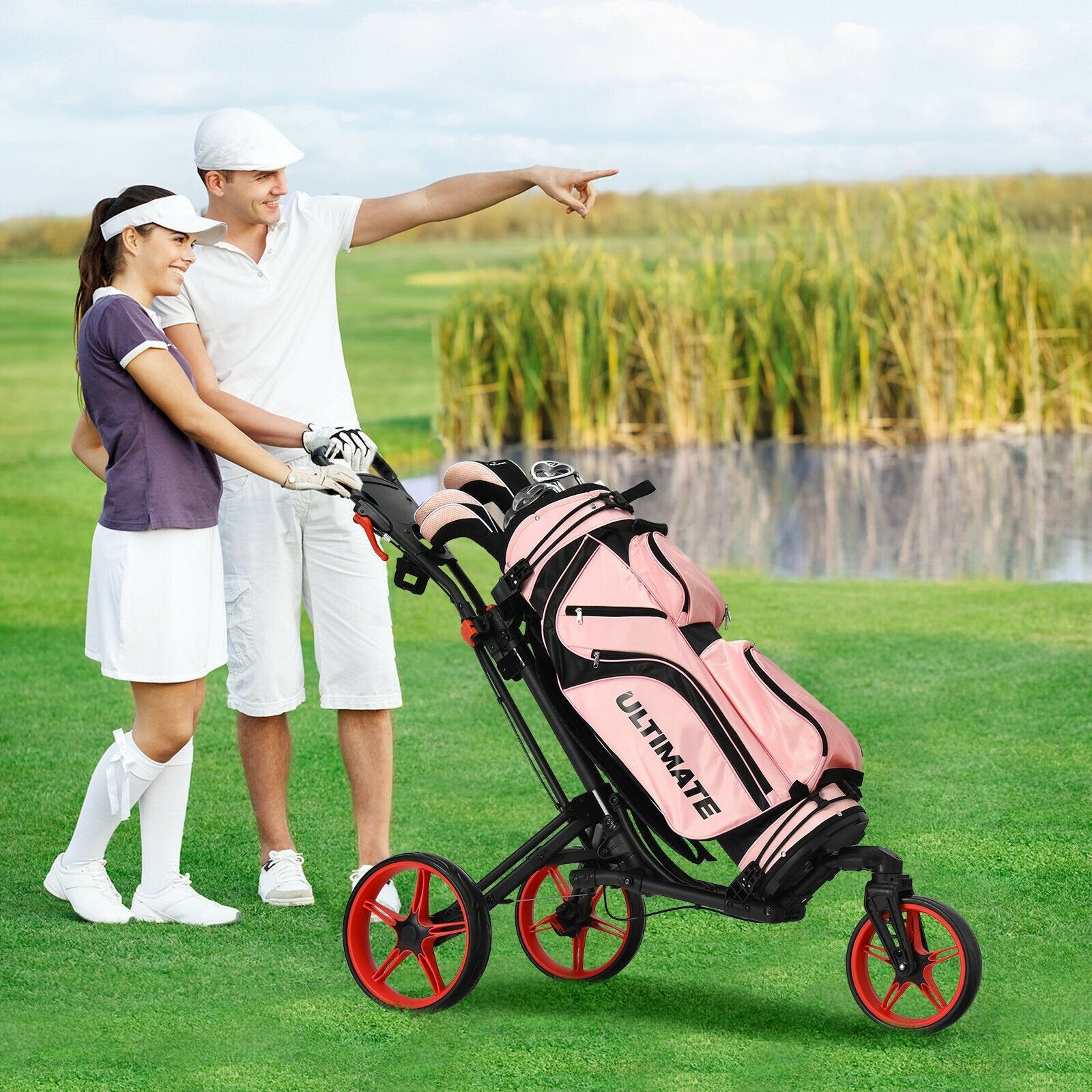 Folding Golf Push Cart with Scoreboard Adjustable Handle Swivel Wheel, Red Golf   at Gallery Canada