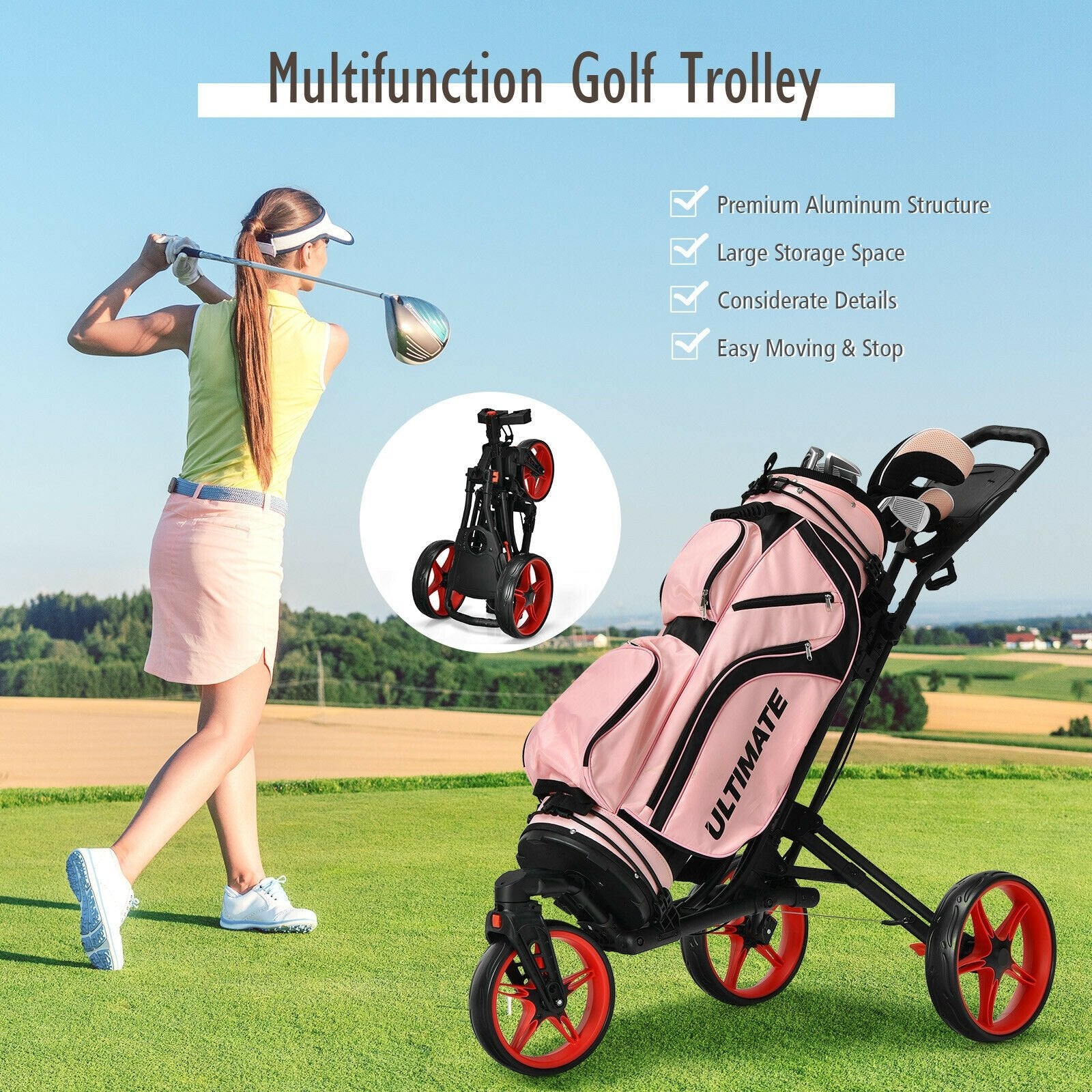 Folding Golf Push Cart with Scoreboard Adjustable Handle Swivel Wheel, Red - Gallery Canada
