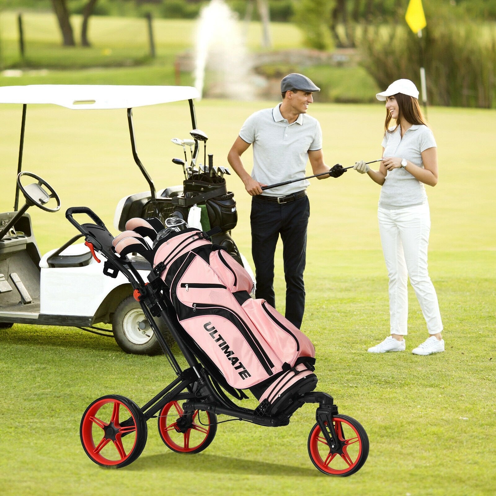 Folding Golf Push Cart with Scoreboard Adjustable Handle Swivel Wheel, Red Golf   at Gallery Canada