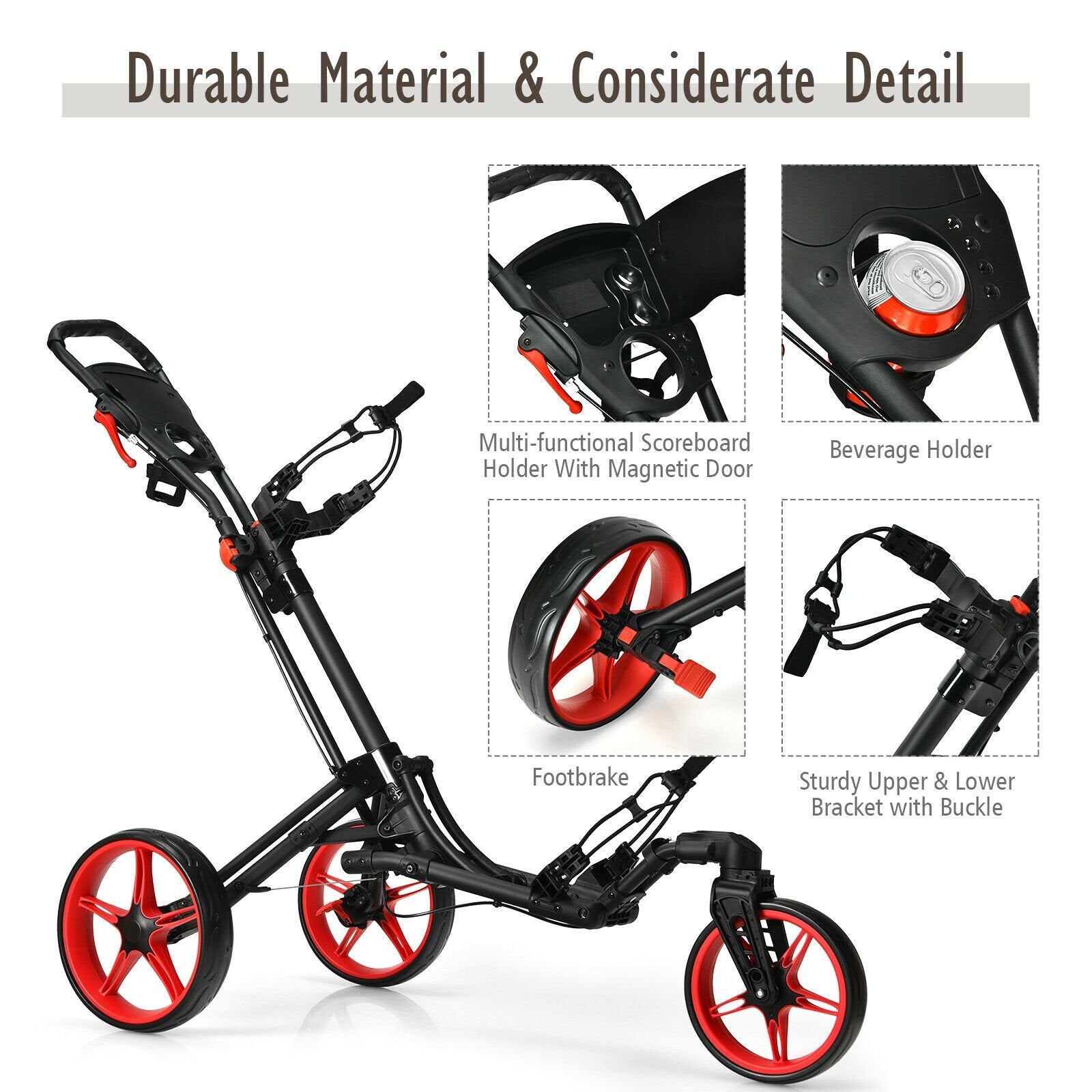 Folding Golf Push Cart with Scoreboard Adjustable Handle Swivel Wheel, Red - Gallery Canada