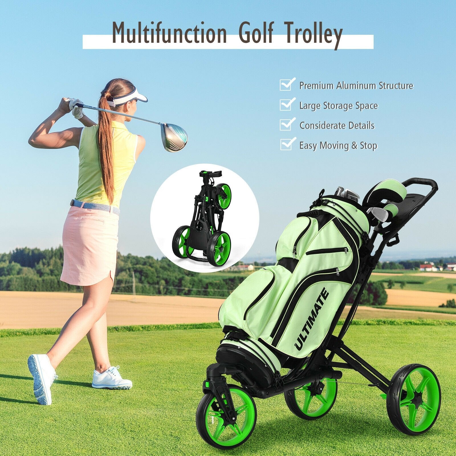 Folding Golf Push Cart with Scoreboard Adjustable Handle Swivel Wheel, Green Golf   at Gallery Canada