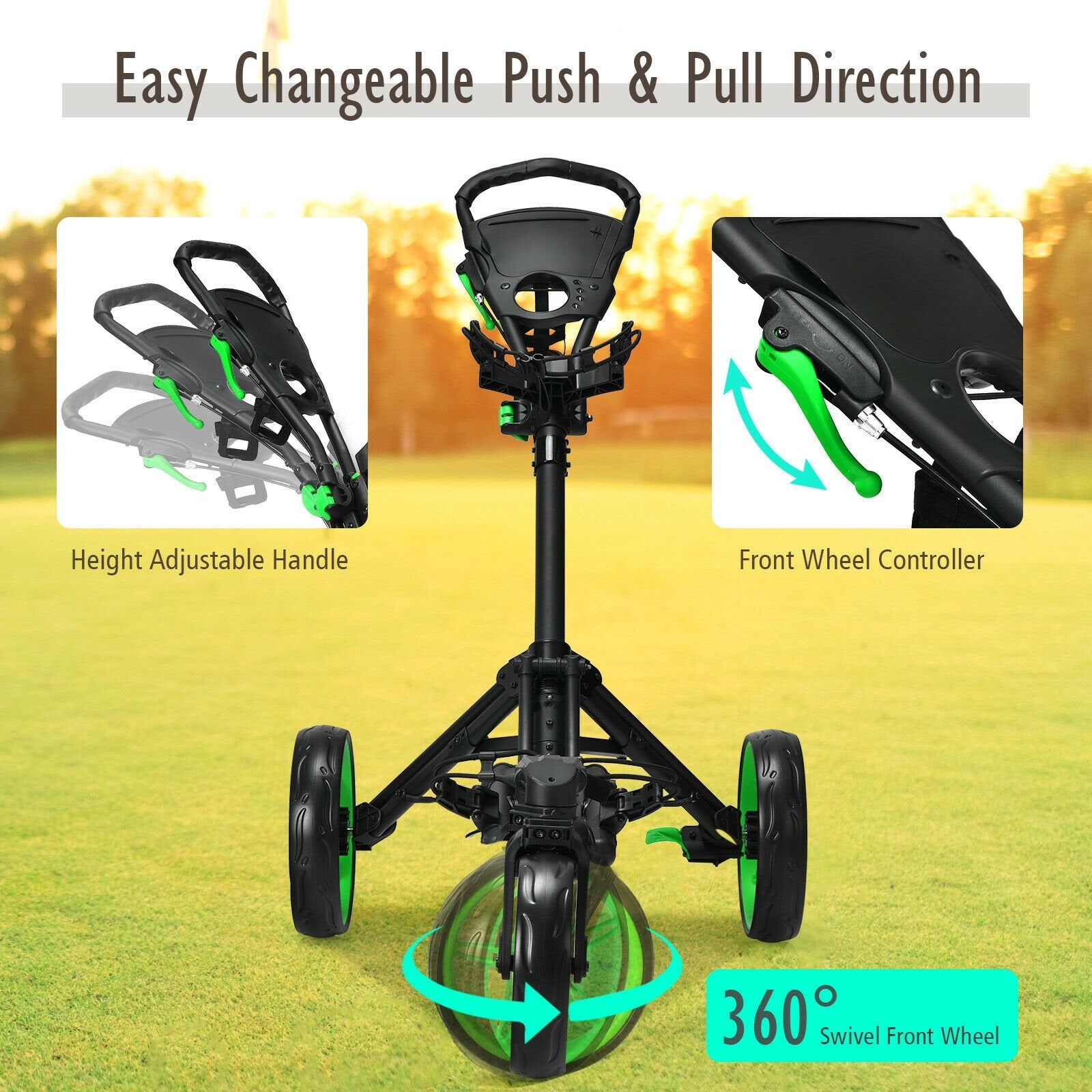 Folding Golf Push Cart with Scoreboard Adjustable Handle Swivel Wheel, Green - Gallery Canada