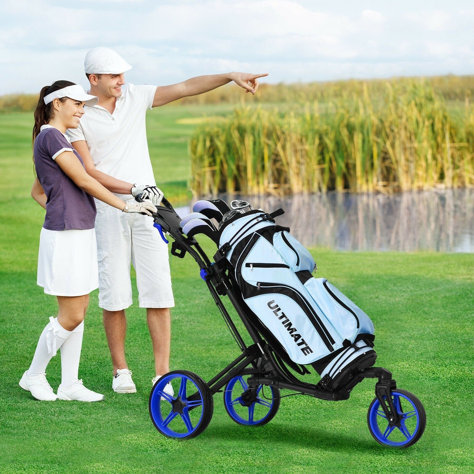 Folding Golf Push Cart with Scoreboard Adjustable Handle Swivel Wheel, Blue Golf   at Gallery Canada