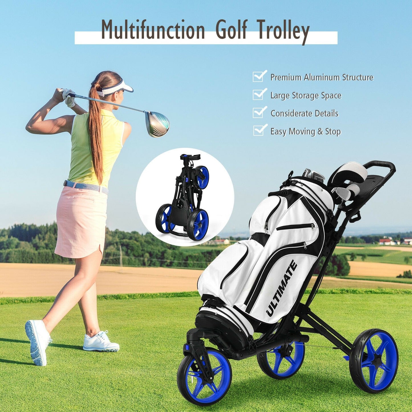 Folding Golf Push Cart with Scoreboard Adjustable Handle Swivel Wheel, Blue Golf   at Gallery Canada