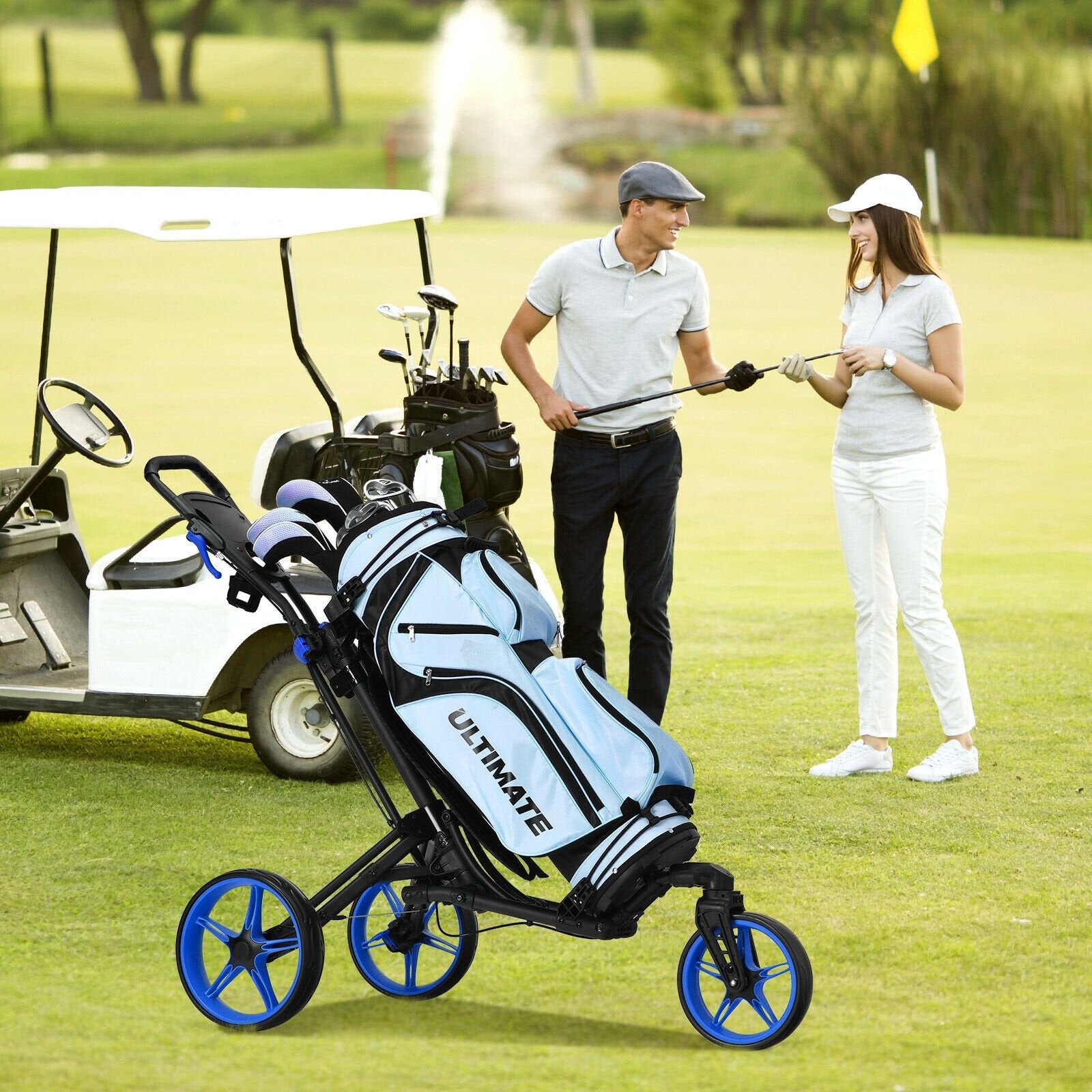 Folding Golf Push Cart with Scoreboard Adjustable Handle Swivel Wheel, Blue Golf   at Gallery Canada