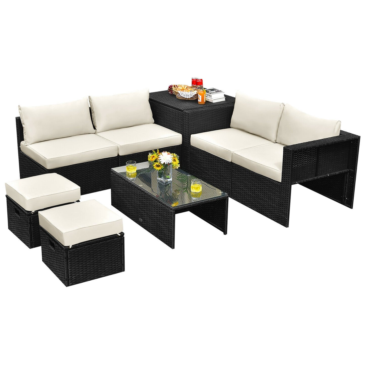 8 Pieces Patio Rattan Storage Table Furniture Set, Off White Outdoor Sectionals Off White  at Gallery Canada