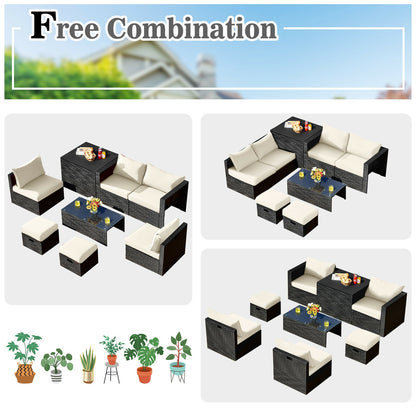 8 Pieces Patio Rattan Storage Table Furniture Set, Off White Outdoor Sectionals   at Gallery Canada