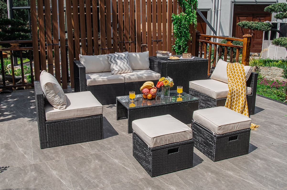 8 Pieces Patio Rattan Storage Table Furniture Set, Off White Outdoor Sectionals   at Gallery Canada