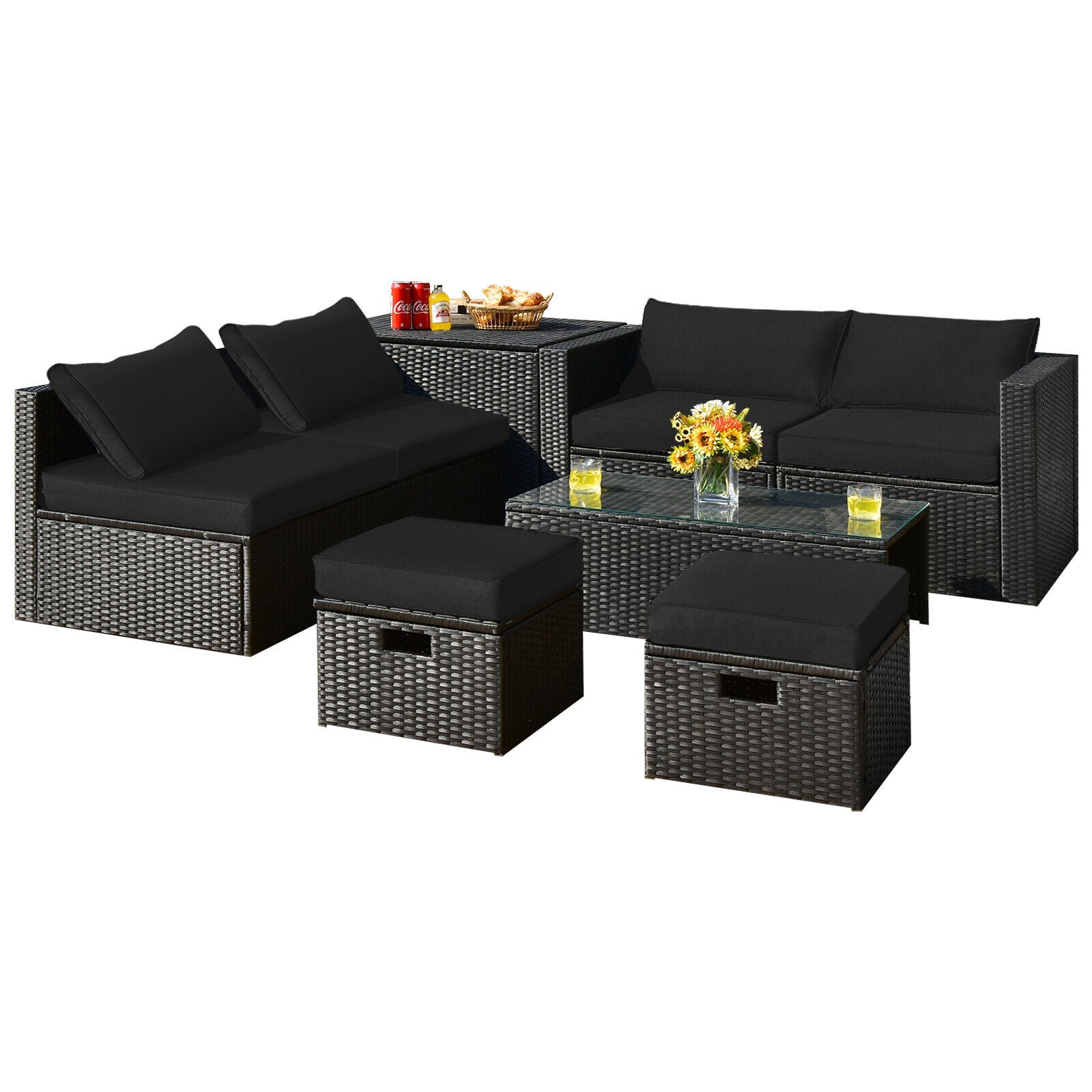 8 Pieces Patio Rattan Storage Table Furniture Set, Black Outdoor Sectionals Black  at Gallery Canada