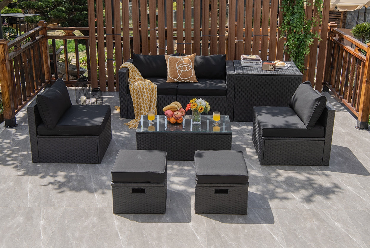 8 Pieces Patio Rattan Storage Table Furniture Set, Black Outdoor Sectionals   at Gallery Canada