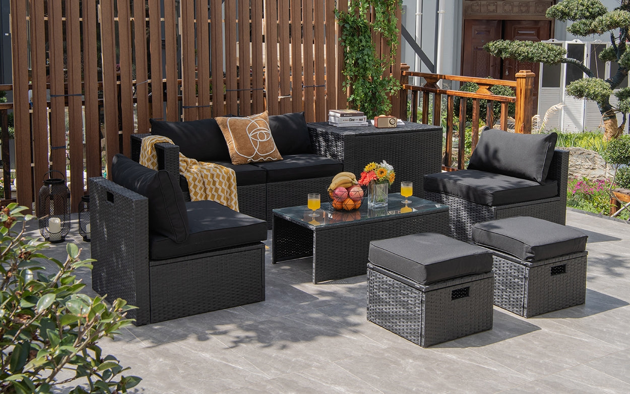 8 Pieces Patio Rattan Storage Table Furniture Set, Black Outdoor Sectionals   at Gallery Canada