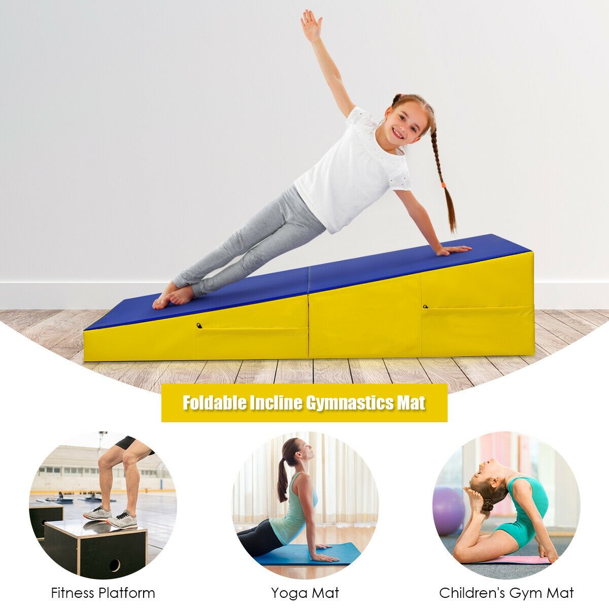 Folding Incline Mat Slope Cheese Gymnastics Gym Exercise Yellow, Yellow Yoga & Gym Mats   at Gallery Canada