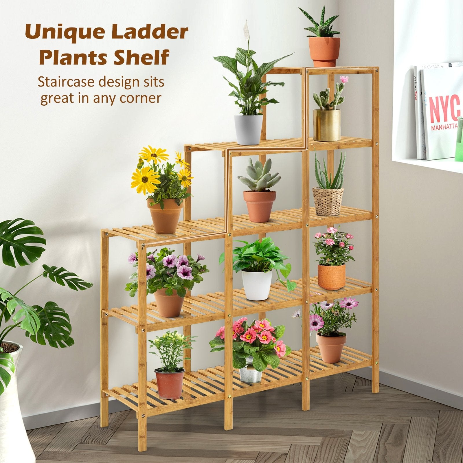 Multifunctional Bamboo Shelf Display Organizer, Natural Plant Stands   at Gallery Canada