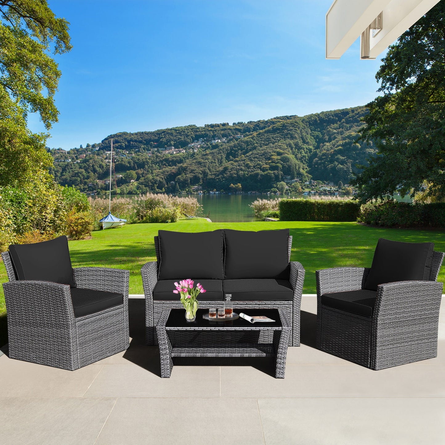 4 Pieces Patio Rattan Furniture Set Sofa Table with Storage Shelf Cushion, Black Patio Conversation Sets   at Gallery Canada