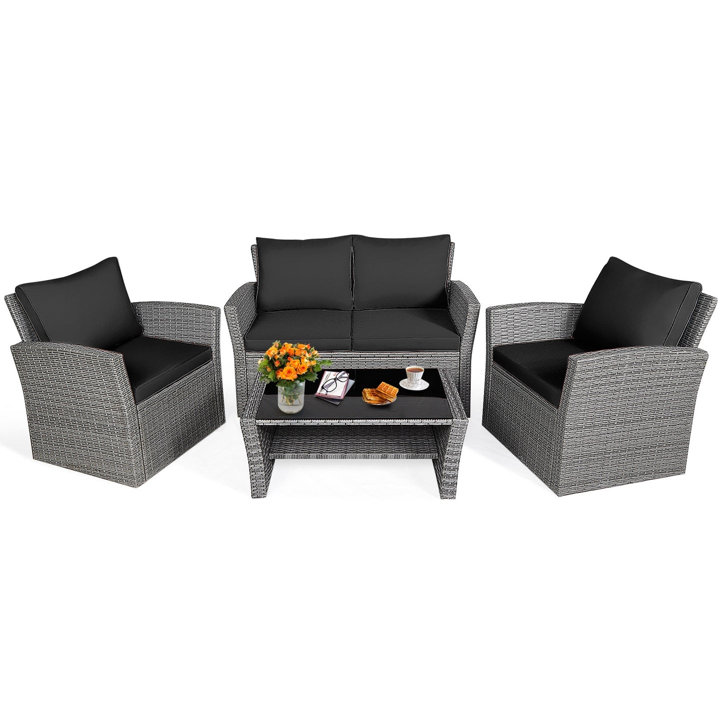 4 Pieces Patio Rattan Furniture Set Sofa Table with Storage Shelf Cushion, Black Patio Conversation Sets Black  at Gallery Canada