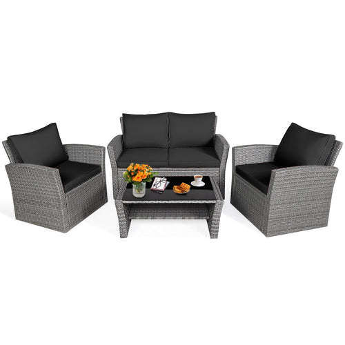 4 Pieces Patio Rattan Furniture Set Sofa Table with Storage Shelf Cushion, Black