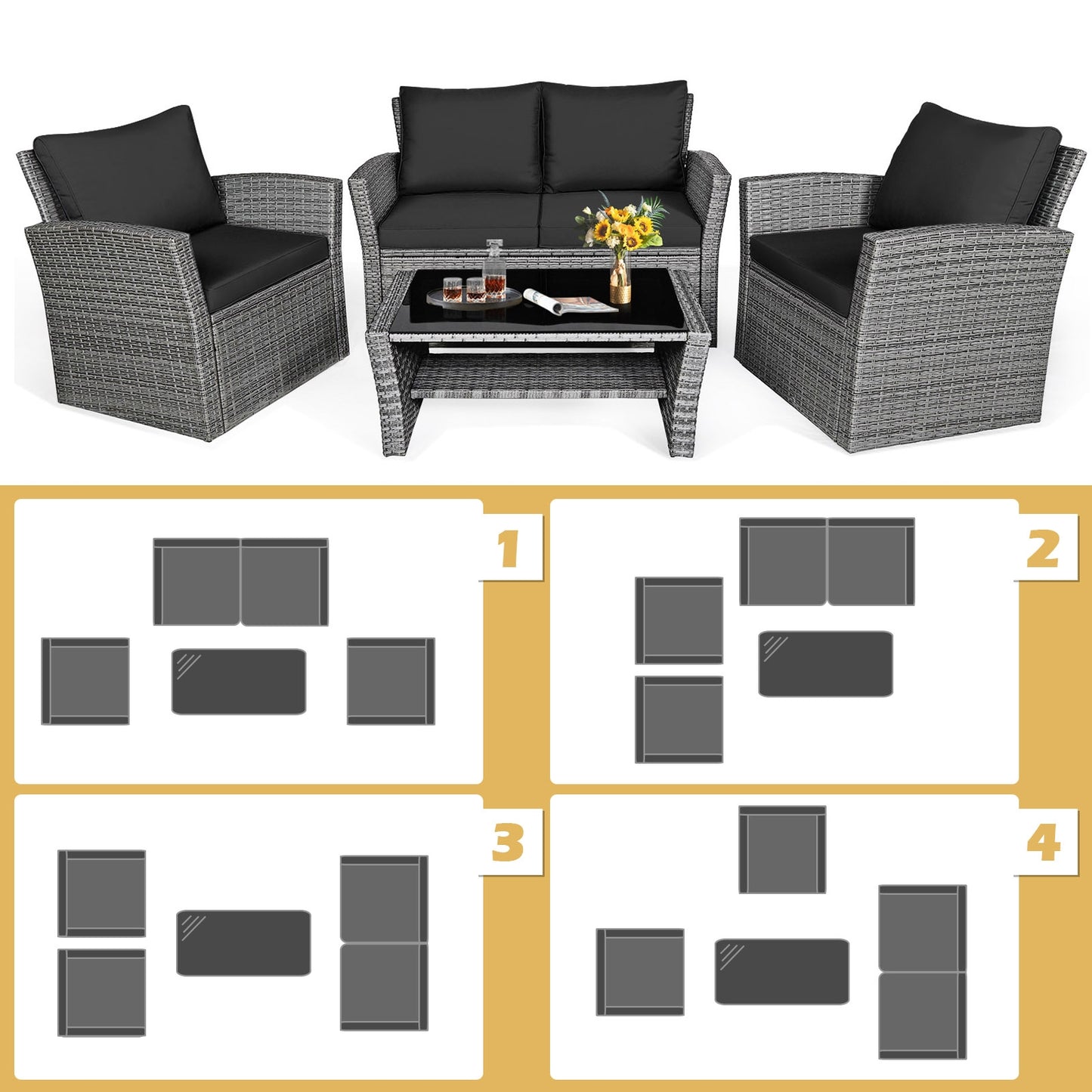 4 Pieces Patio Rattan Furniture Set Sofa Table with Storage Shelf Cushion, Black Patio Conversation Sets   at Gallery Canada